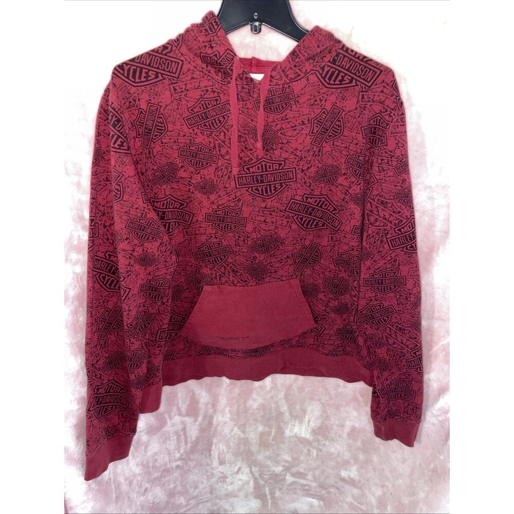 Womens Harley Davidson Pullover hoodie 2 XL All over Print Logo Red Black
